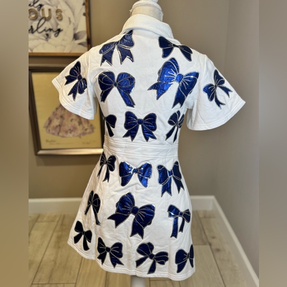New! QUEEN OF SPARKLES White Dress with Sequin Metallic Blue Bow Accents - Picture 7 of 10